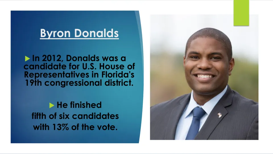 Biography slide on Donalds' 2012 U.S. House campaign, finishing fifth of six candidates with 13% of the vote