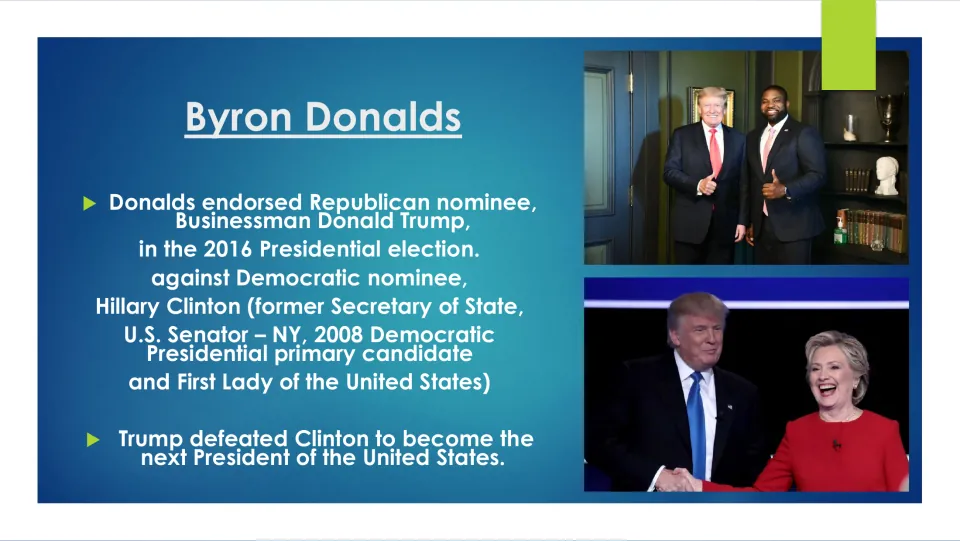 Biography slide on Donalds' endorsement of Donald Trump in 2016 and Trump's election victory over Hillary Clinton
