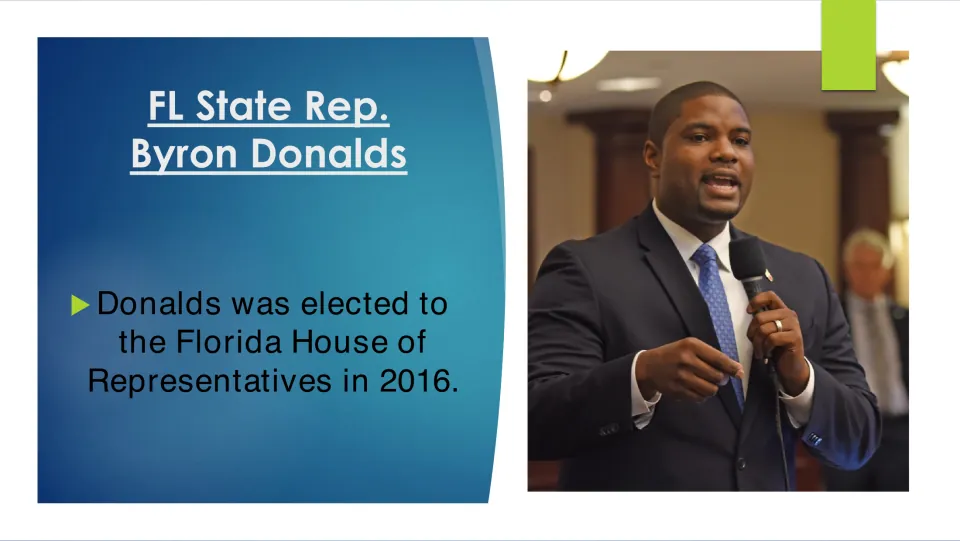 Biography slide marking Donalds' election to the Florida House of Representatives in 2016, with a speaking photo