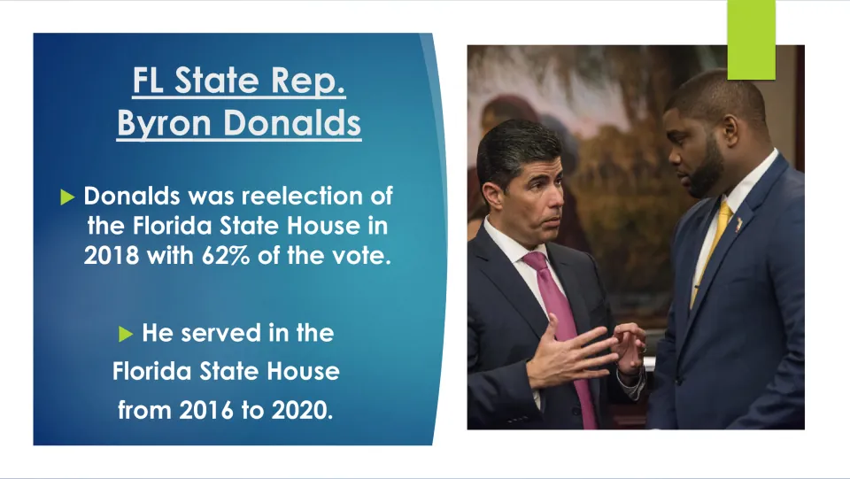 Biography slide on Donalds' 2018 Florida House reelection with 62% of the vote and service from 2016 to 2020