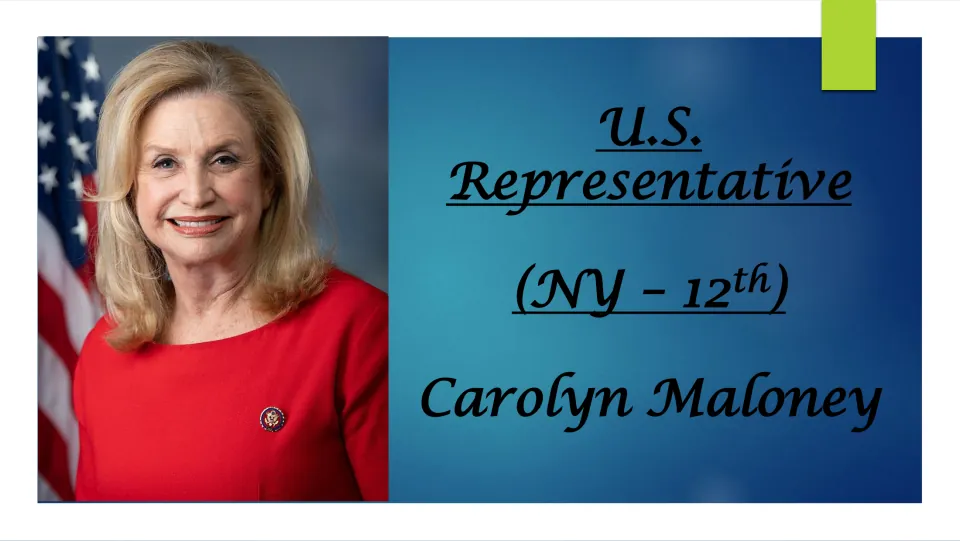 Biography presentation cover naming Carolyn Maloney as U.S. Representative for New York’s 12th district