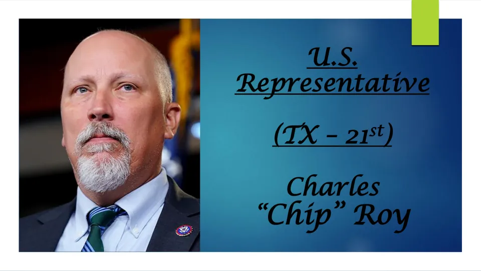 Biography cover introducing Charles “Chip” Roy as U.S. Representative for Texas' 21st district, with his portrait