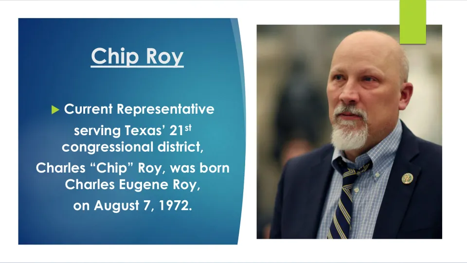 Biography slide identifying Chip Roy as Charles Eugene Roy, born August 7, 1972, and representing Texas' 21st