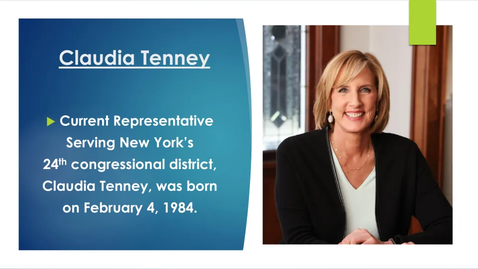 Biography slide introducing Claudia Tenney's district and listing her birth date as February 4, 1984