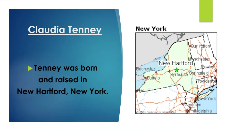 Biography slide stating Claudia Tenney was born and raised in New Hartford, New York, with a location map