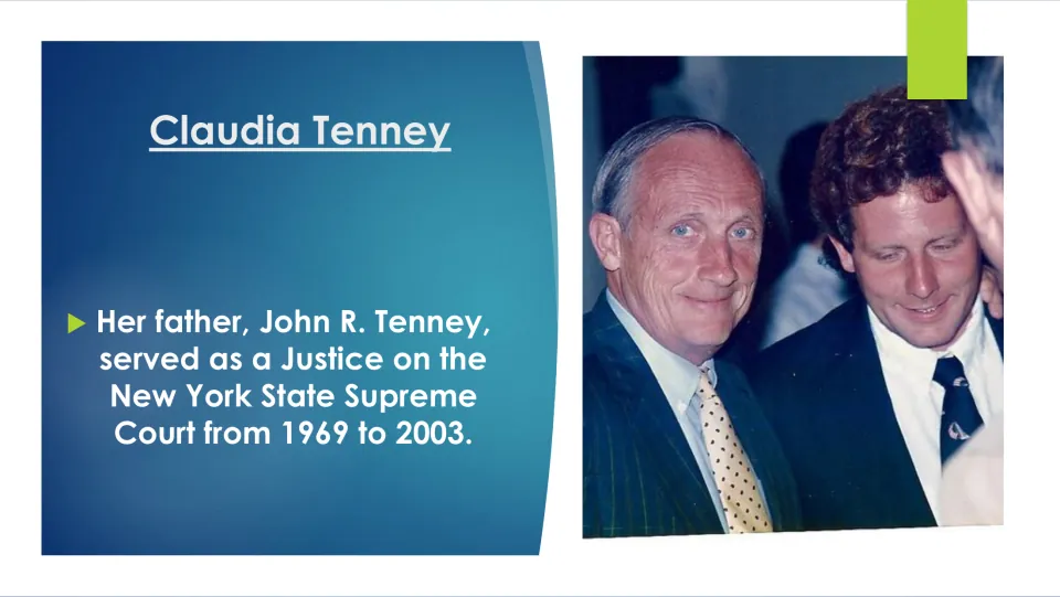 Biography slide about Tenney's father, John R. Tenney, and his New York Supreme Court service from 1969 to 2003