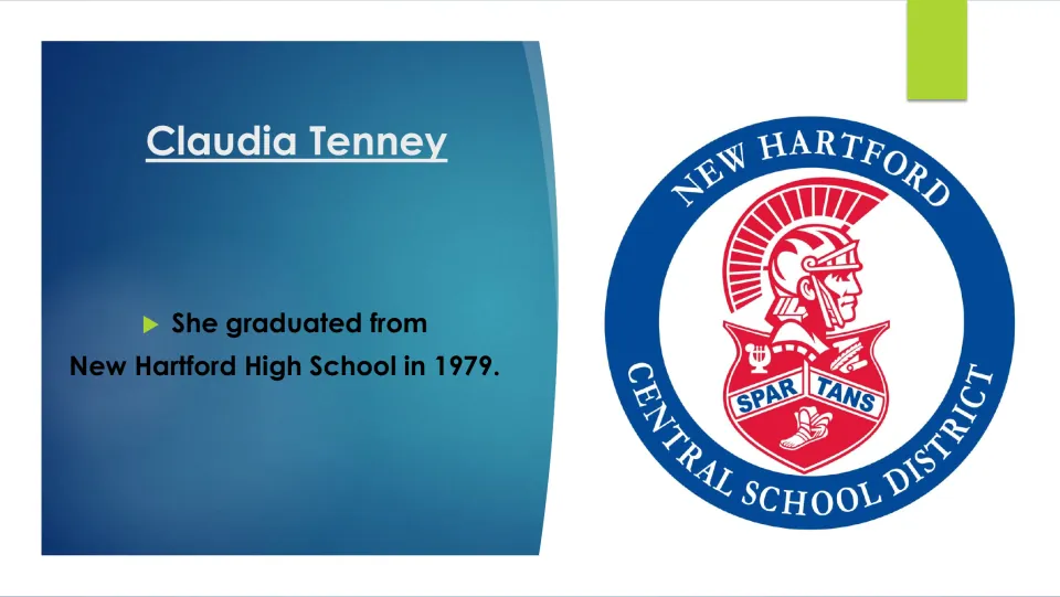 Biography slide noting Claudia Tenney's 1979 graduation from New Hartford High School, with the school logo
