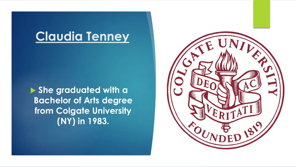 Biography slide noting Claudia Tenney's Bachelor of Arts degree from Colgate University in New York in 1983