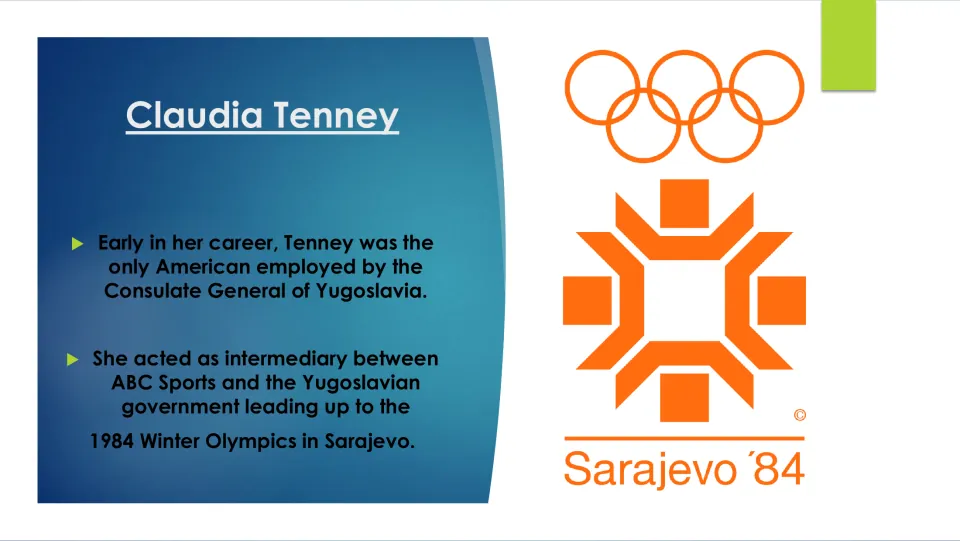 Biography slide covering Tenney's Yugoslavian consulate work and ABC Sports liaison role for the 1984 Olympics