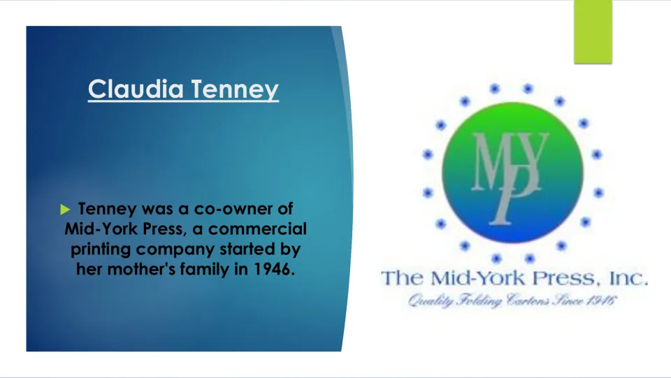 Biography slide describing Tenney's co-ownership of Mid-York Press, founded by her mother's family in 1946