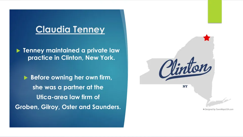 Biography slide covering Tenney's Clinton law practice and earlier partnership at Groben, Gilroy, Oster and Saunders