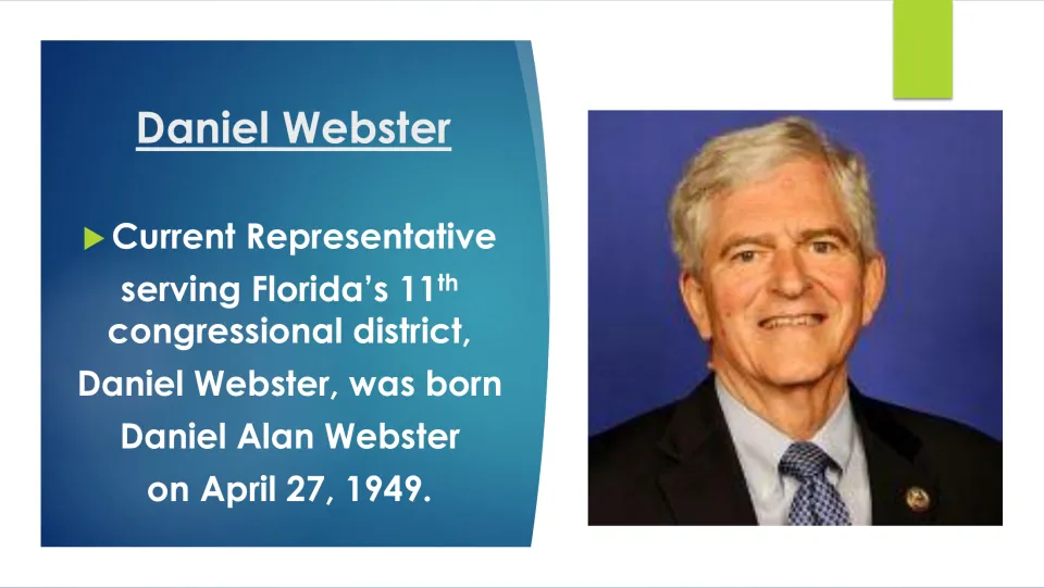 Biography slide introducing Daniel Alan Webster, his April 27, 1949 birth date, and Florida's 11th district