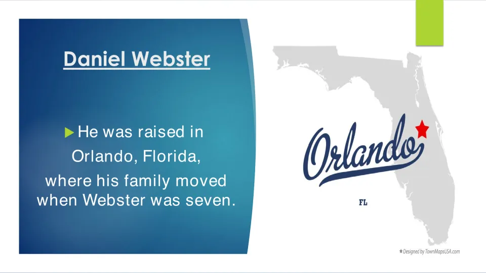 Biography slide explaining that Webster grew up in Orlando, Florida, after his family moved there at age seven
