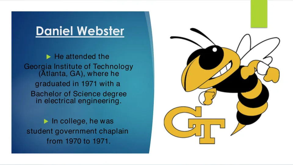 Biography slide covering Webster's 1971 Georgia Tech electrical engineering degree and college chaplain role
