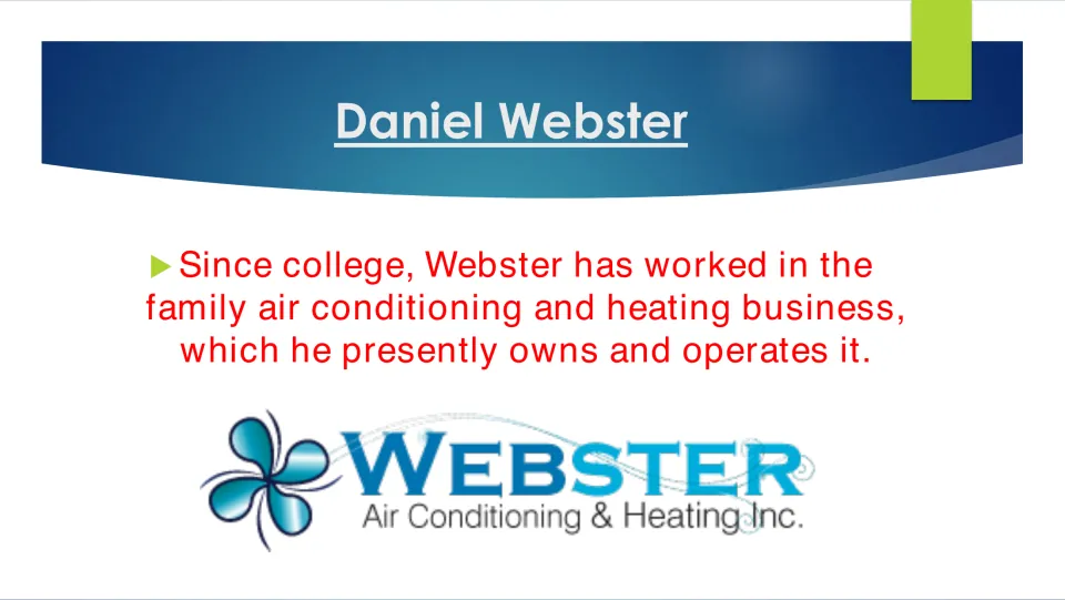 Biography slide describing Webster's work since college in his family's air conditioning and heating business