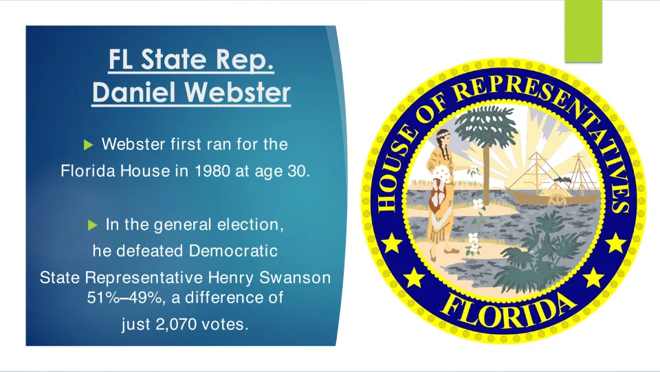 Political biography slide on Webster's 1980 Florida House race and 51%–49% victory over Henry Swanson