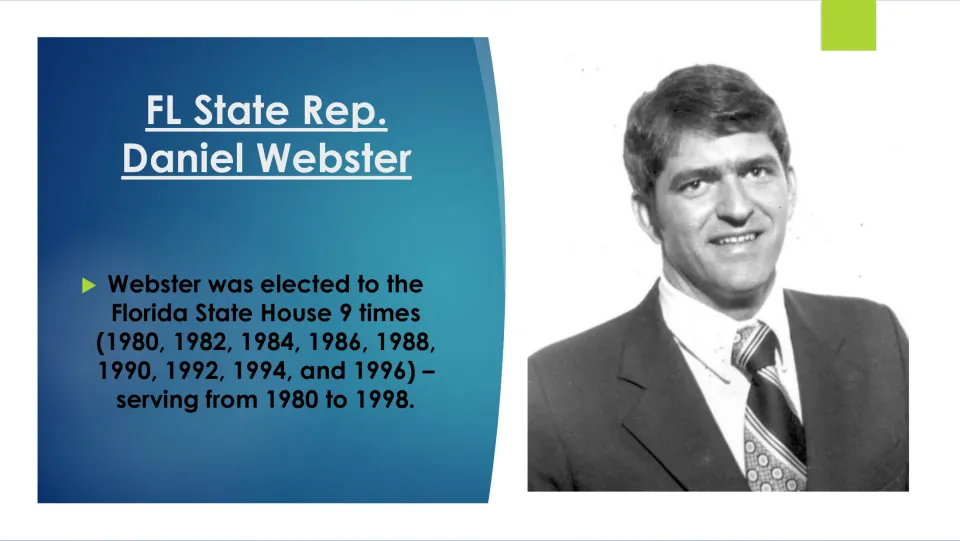 Political biography slide listing Webster's nine Florida House election wins and his service from 1980 to 1998