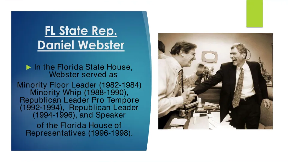 Political biography slide listing Webster's Florida House leadership roles, including speaker from 1996 to 1998