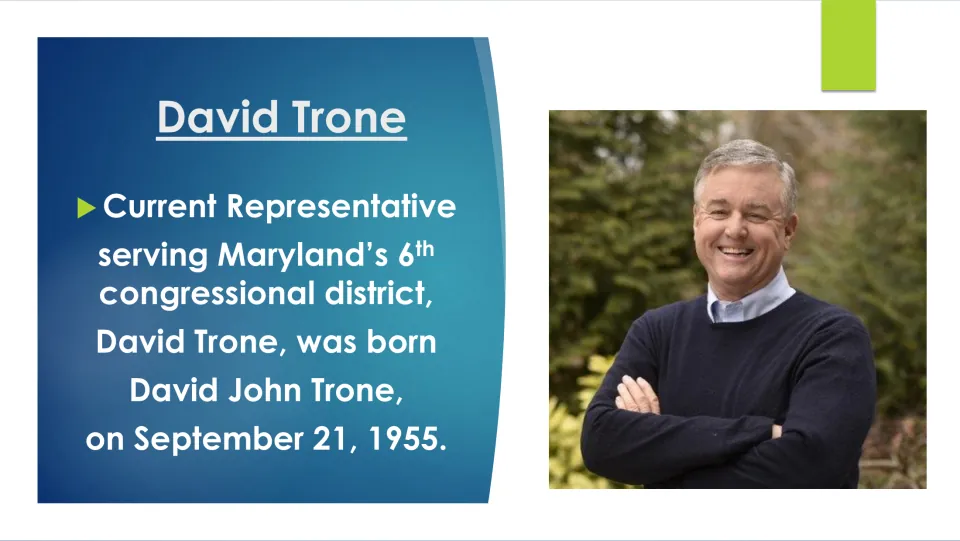 Biography slide giving David Trone’s full name, David John Trone, and birthdate, September 21, 1955