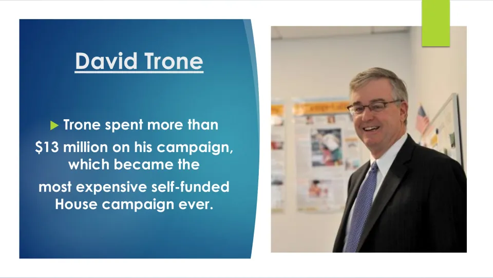 Biography slide reporting David Trone’s campaign spending of more than $13 million and its self-funding record