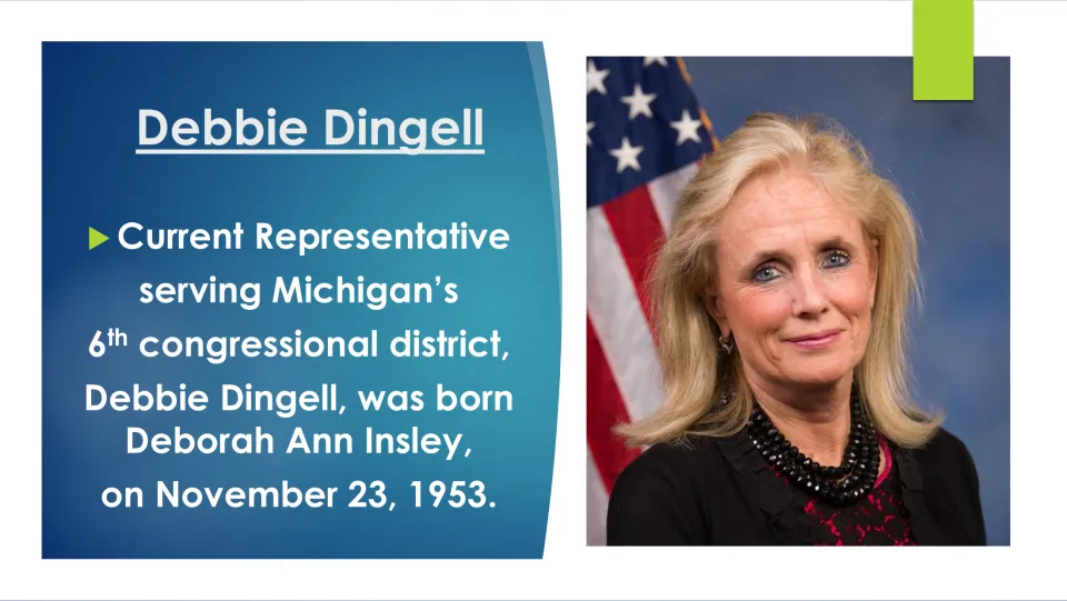 Biography slide introducing Debbie Dingell as Deborah Ann Insley, born November 23, 1953, with her portrait