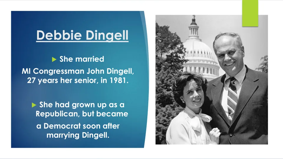Marriage slide describing Debbie Dingell’s 1981 wedding to John Dingell and her later switch to the Democratic Party