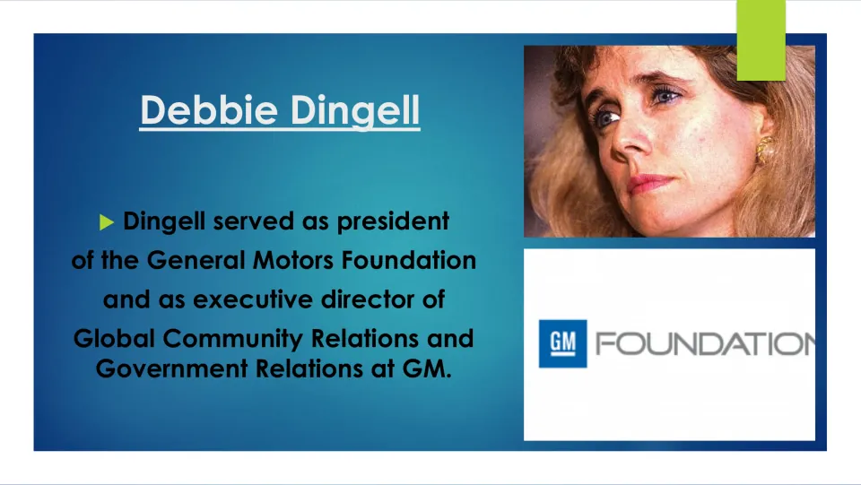 Career slide describing Debbie Dingell’s leadership of the GM Foundation and community and government relations