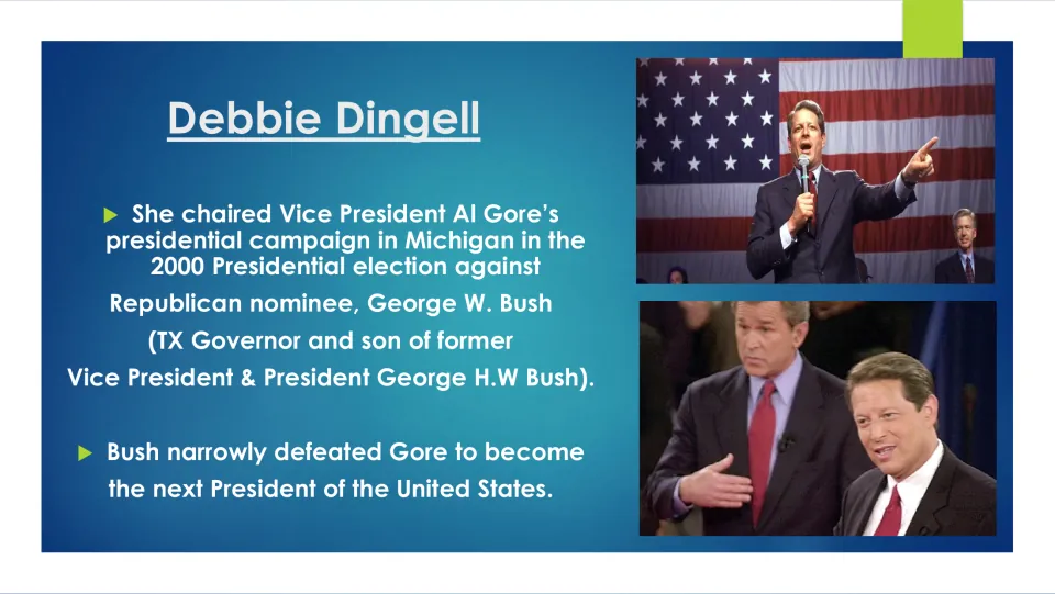 Political career slide covering Debbie Dingell’s chairing of Al Gore’s 2000 presidential campaign in Michigan