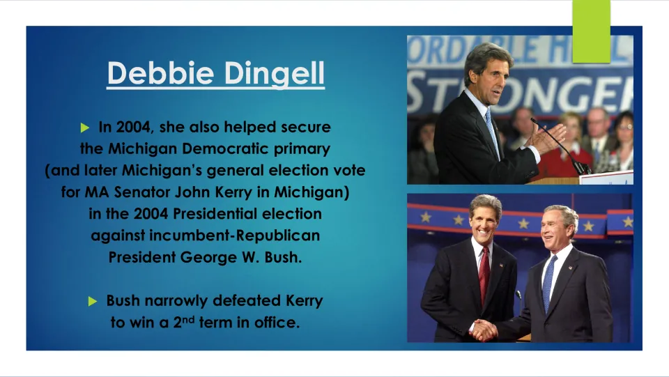 Political career slide describing Debbie Dingell’s support for John Kerry’s 2004 primary and Michigan election wins