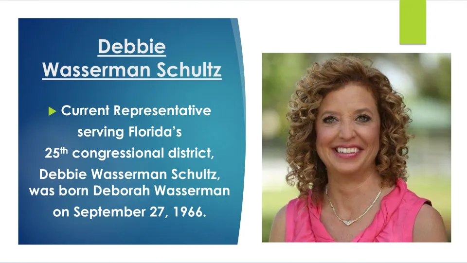 Biography slide giving Debbie Wasserman Schultz’s birth name, Deborah Wasserman, and September 27, 1966 birth date