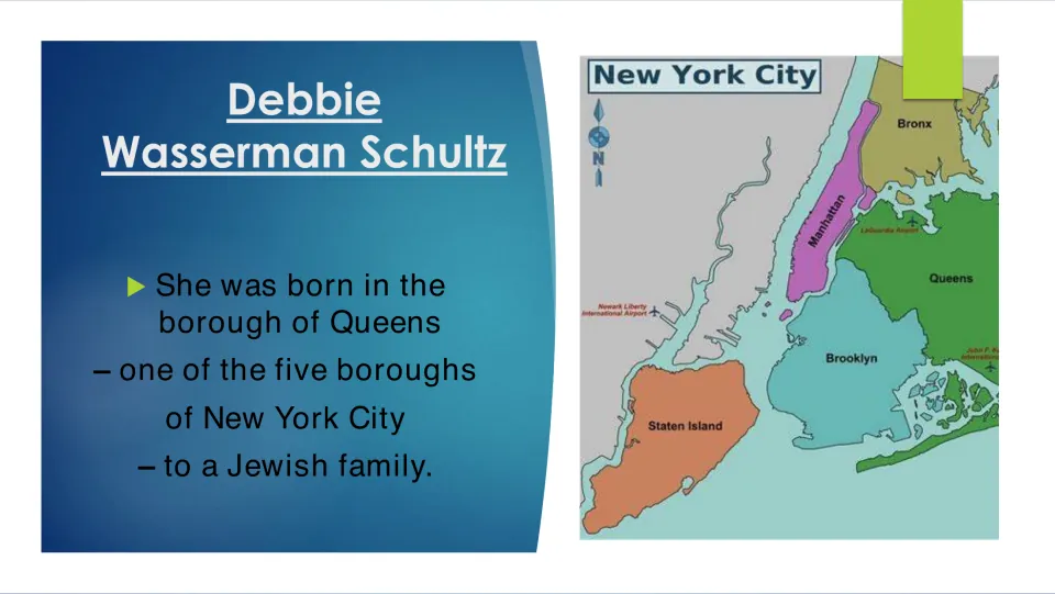 Biography slide identifying Queens, New York City, as Wasserman Schultz’s birthplace and her Jewish family