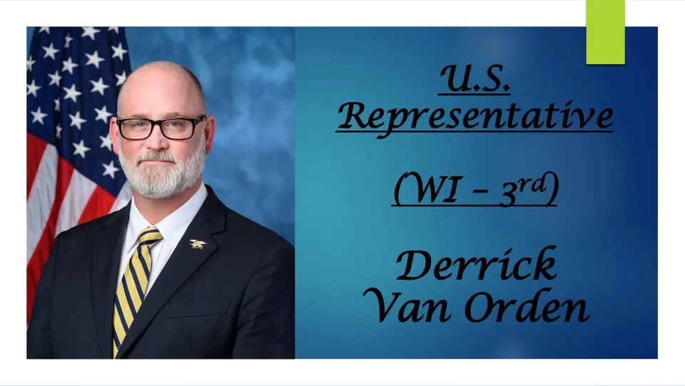 Biography cover naming Derrick Van Orden as U.S. Representative for Wisconsin's 3rd district, with portrait
