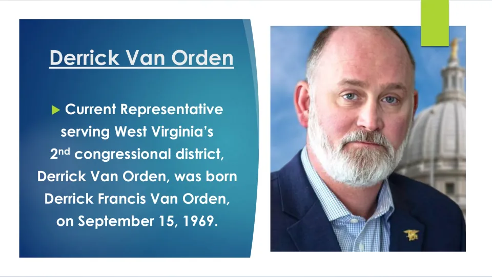 Biography slide giving Derrick Francis Van Orden's birthdate as September 15, 1969, beside a portrait