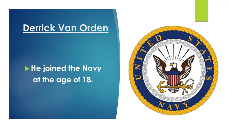 Military biography slide stating that Van Orden joined the Navy at age 18, with the U.S. Navy emblem