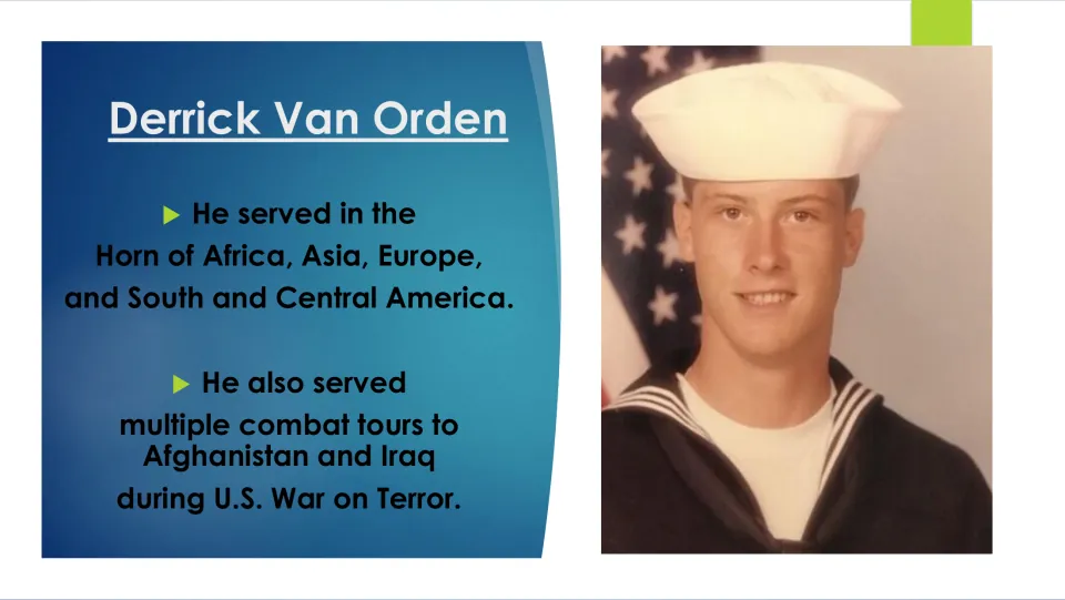 Military service slide listing Van Orden's overseas regions and combat tours in Afghanistan and Iraq