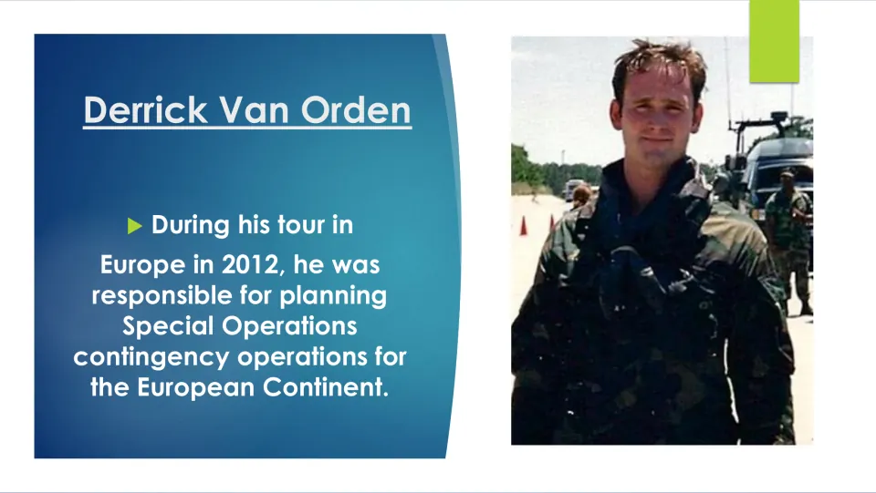 Military career slide describing Van Orden's planning of Special Operations contingencies in Europe in 2012