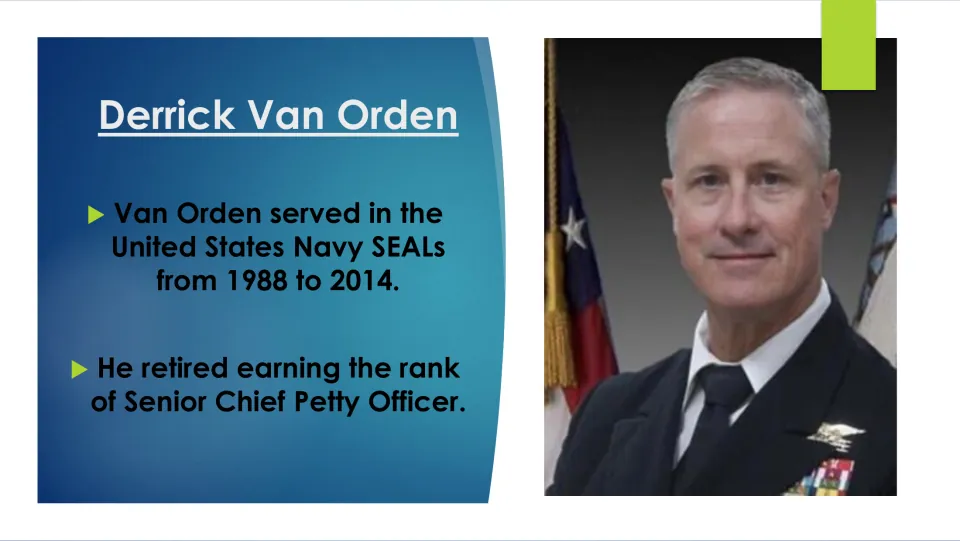 Military career slide listing Navy SEAL service from 1988 to 2014 and retirement as Senior Chief Petty Officer