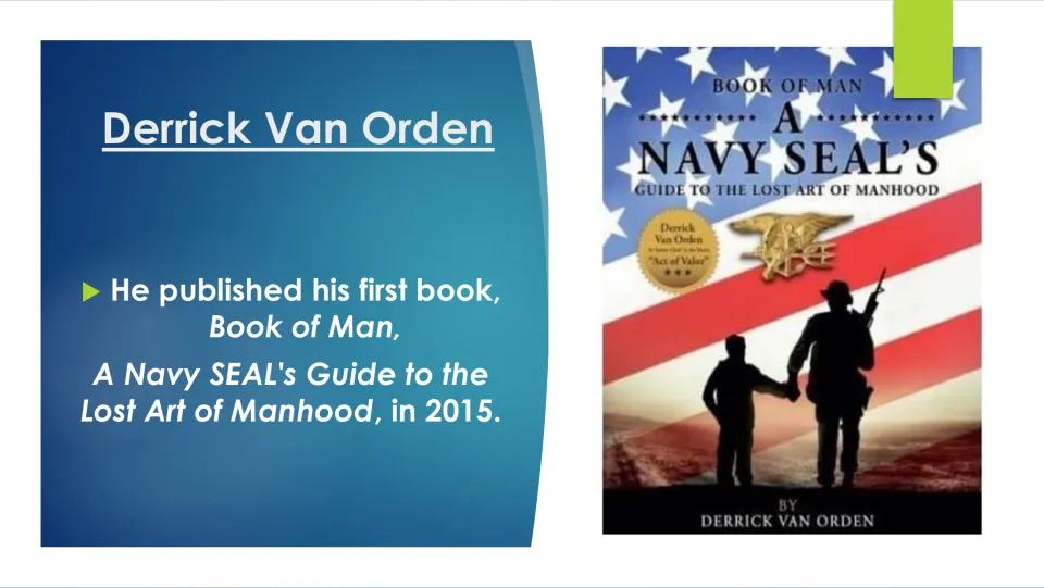 Writing career slide identifying Book of Man as Van Orden's first book, published in 2015, with its cover