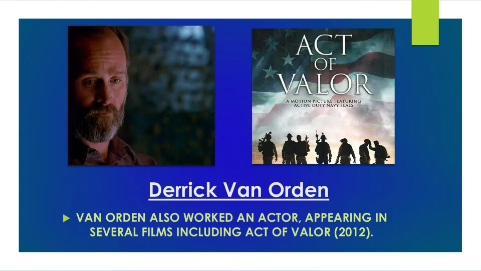 Acting career slide naming Van Orden's appearance in Act of Valor (2012), with a film still and poster