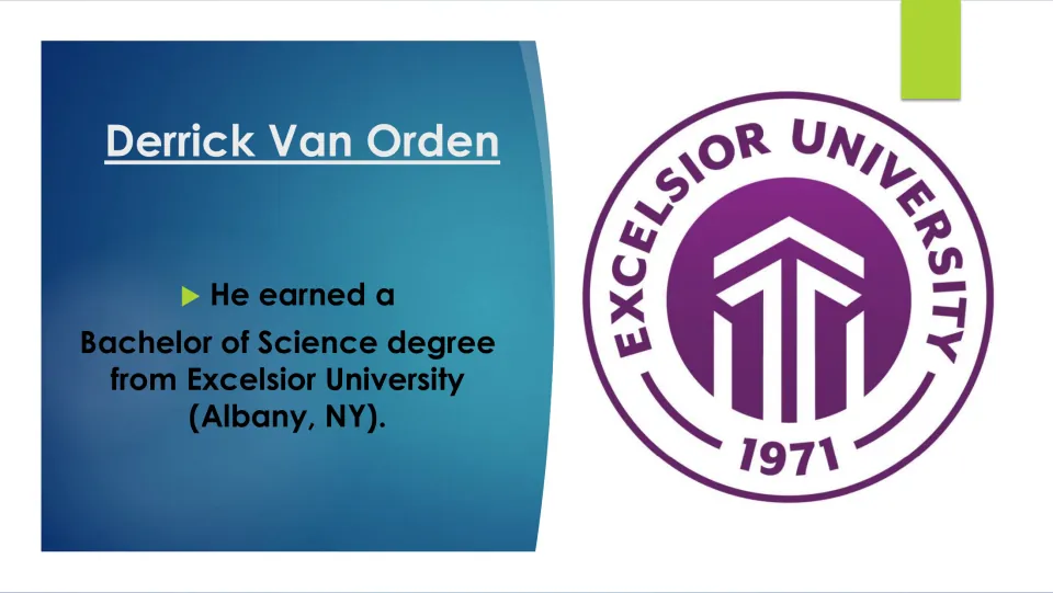 Education slide stating that Van Orden earned a Bachelor of Science from Excelsior University in Albany, NY