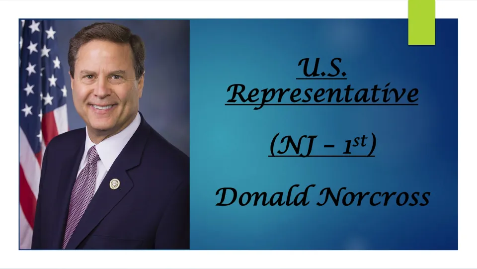 Biography cover introducing Donald Norcross as U.S. Representative for New Jersey's 1st district, with his portrait