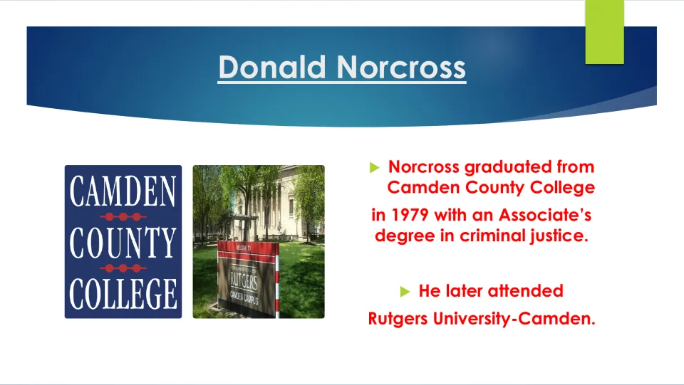 College slide listing Norcross's 1979 criminal justice associate's degree and later Rutgers-Camden attendance