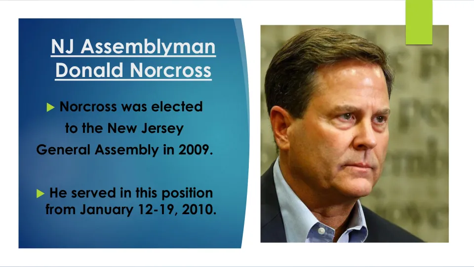 Political career slide listing Norcross's 2009 New Jersey Assembly election and service January 12–19, 2010