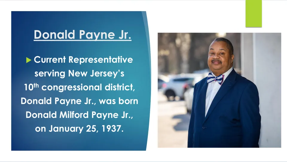 Biography slide naming Donald Milford Payne Jr. and listing his birth date as January 25, 1937