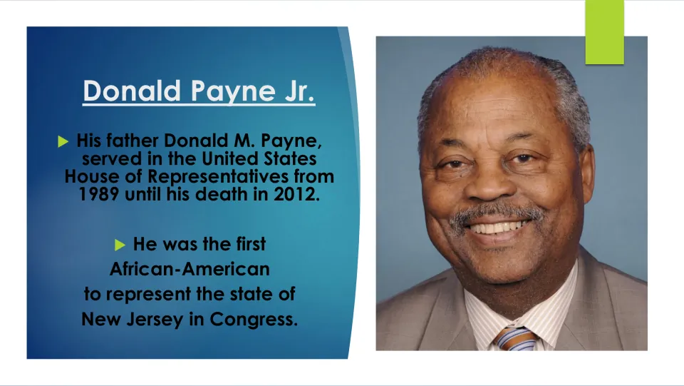 Family background slide describing Donald M. Payne’s House service and role as New Jersey’s first Black congressman