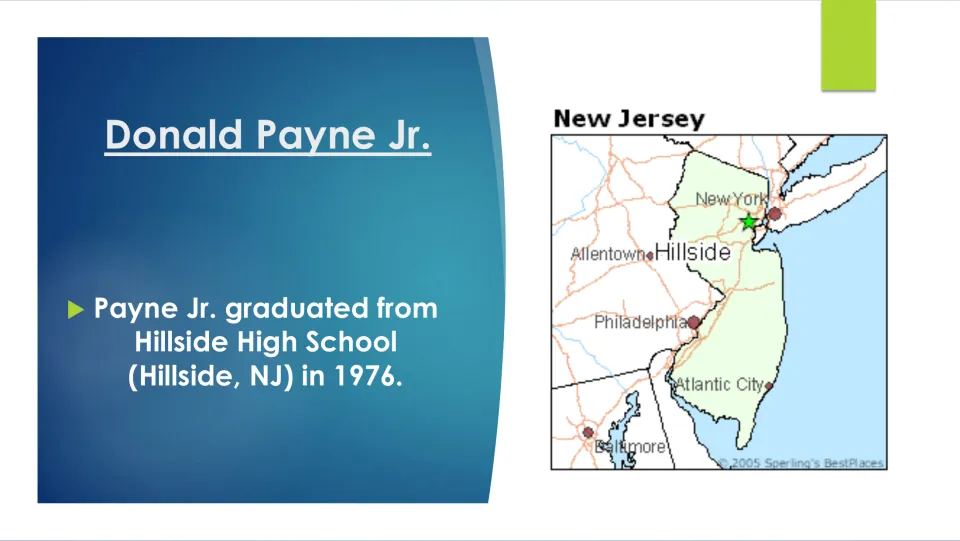 Education slide stating Donald Payne Jr. graduated from Hillside High School in New Jersey in 1976