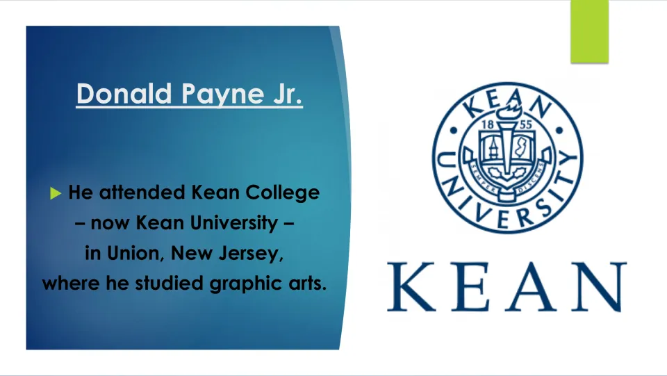 College education slide describing Donald Payne Jr.’s graphic arts studies at Kean College in Union, New Jersey