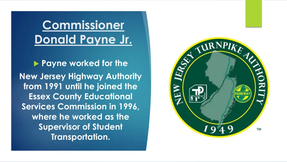 Career slide tracing Payne’s work from the New Jersey Highway Authority to supervising student transportation