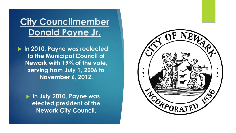City government slide covering Payne’s Newark council service and election as council president in July 2010