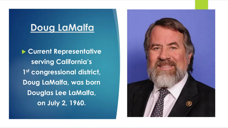 Biography slide giving Doug LaMalfa’s full name, Douglas Lee LaMalfa, and birthdate of July 2, 1960